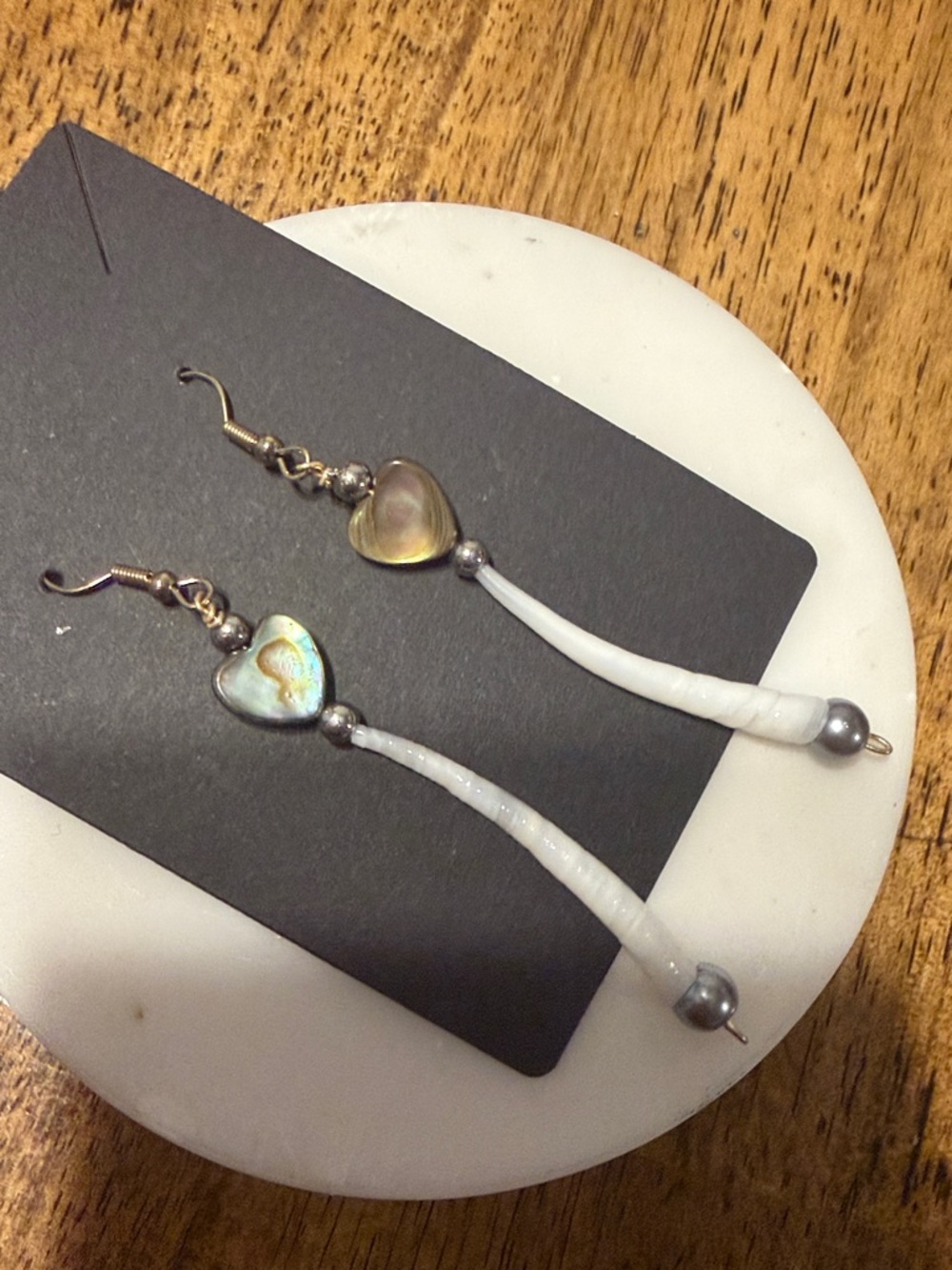 White Dentalium Shell Heart Abalone Drop Earrings with Iridescent Accents